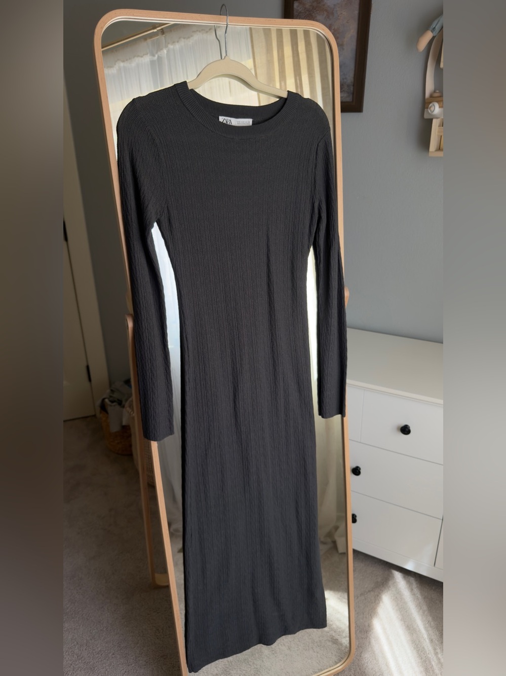 Zara Black Long-Sleeve Ribbed Maxi Dress